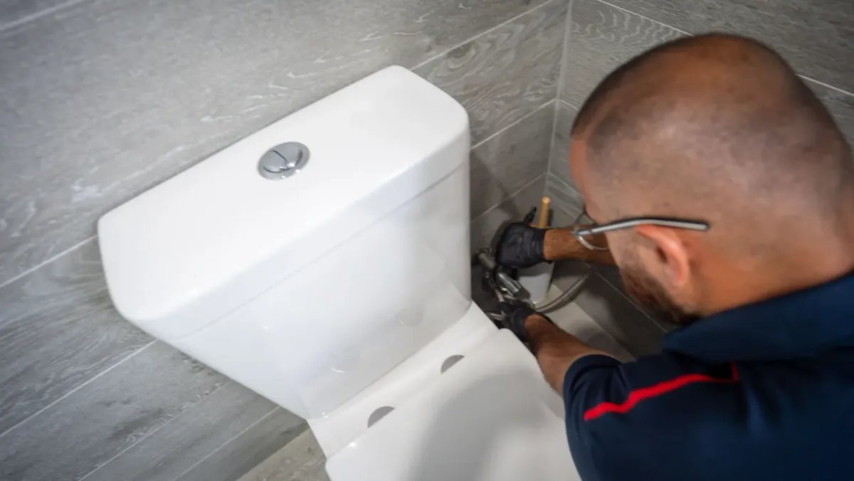 Experienced Antons plumber repairing a toilet water connection